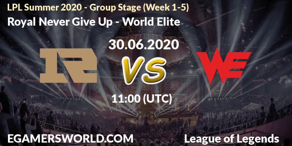 Royal Never Give Up vs World Elite: Betting TIp, Match Prediction. 30.06.2020 at 11:26. LoL, LPL Summer 2020 - Group Stage (Week 1-5)