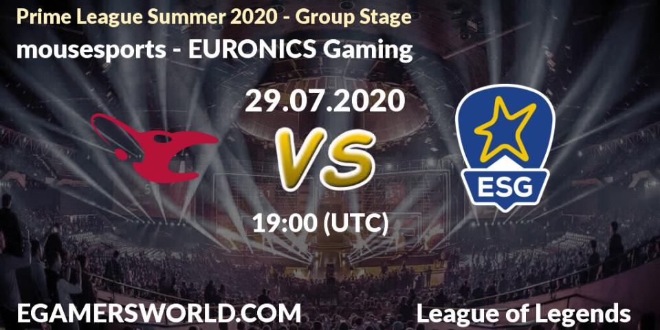 mousesports vs EURONICS Gaming: Betting TIp, Match Prediction. 29.07.20. LoL, Prime League Summer 2020 - Group Stage