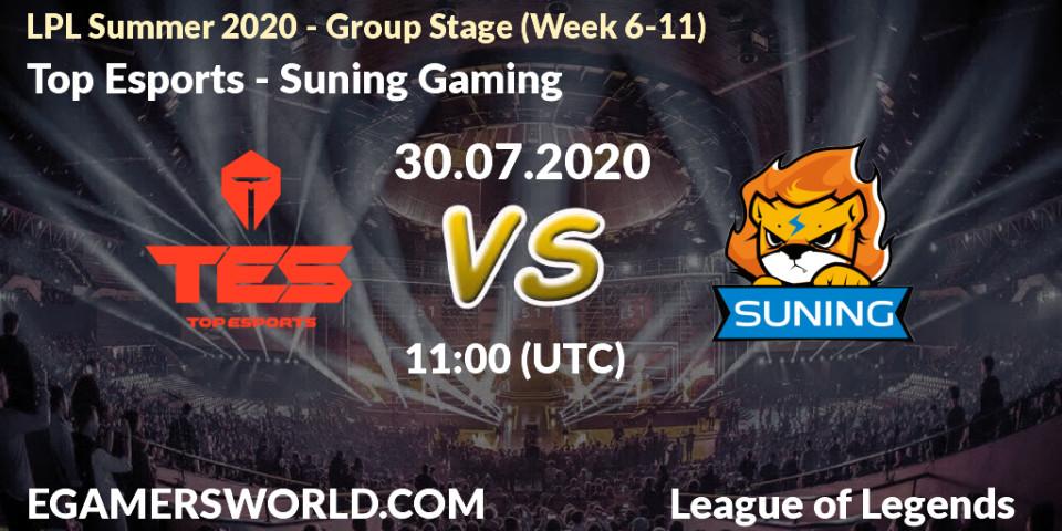 Top Esports vs Suning Gaming: Betting TIp, Match Prediction. 30.07.2020 at 09:19. LoL, LPL Summer 2020 - Group Stage (Week 6-11)