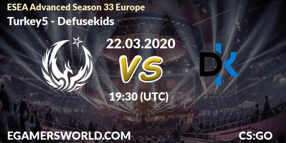 Turkey5 vs Defusekids: Betting TIp, Match Prediction. 22.03.20. CS2 (CS:GO), ESEA Advanced Season 33 Europe