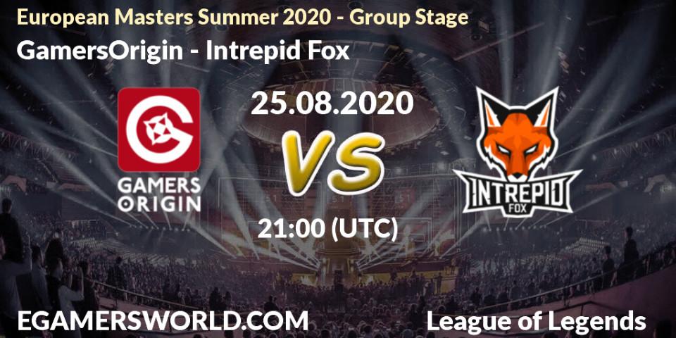 GamersOrigin vs Intrepid Fox: Betting TIp, Match Prediction. 25.08.2020 at 21:00. LoL, European Masters Summer 2020 - Group Stage