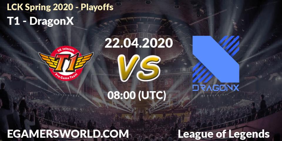 T1 vs DragonX: Betting TIp, Match Prediction. 22.04.2020 at 07:07. LoL, LCK Spring 2020 - Playoffs