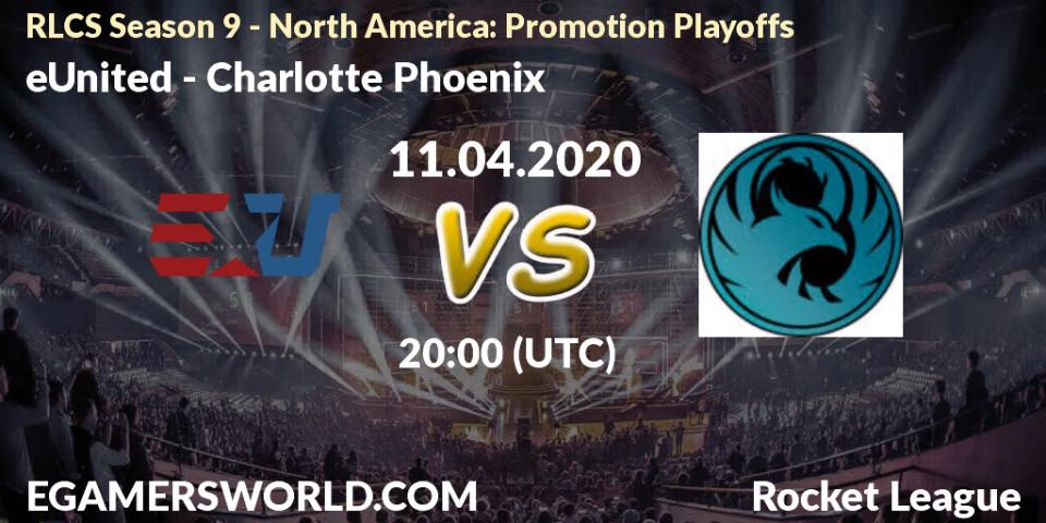eUnited vs Charlotte Phoenix: Betting TIp, Match Prediction. 11.04.2020 at 20:00. Rocket League, RLCS Season 9 - North America: Promotion Playoffs