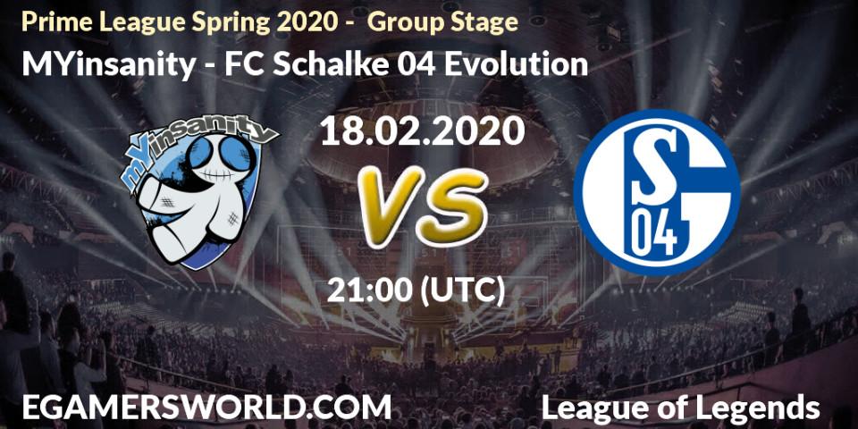 MYinsanity vs FC Schalke 04 Evolution: Betting TIp, Match Prediction. 18.02.20. LoL, Prime League Spring 2020 - Group Stage