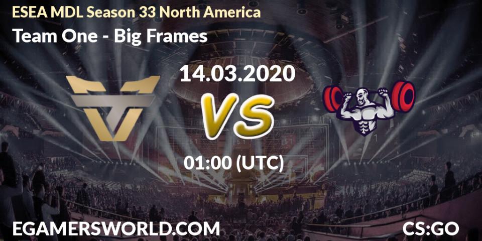 Team One vs Big Frames: Betting TIp, Match Prediction. 15.03.2020 at 01:15. Counter-Strike (CS2), ESEA MDL Season 33 North America