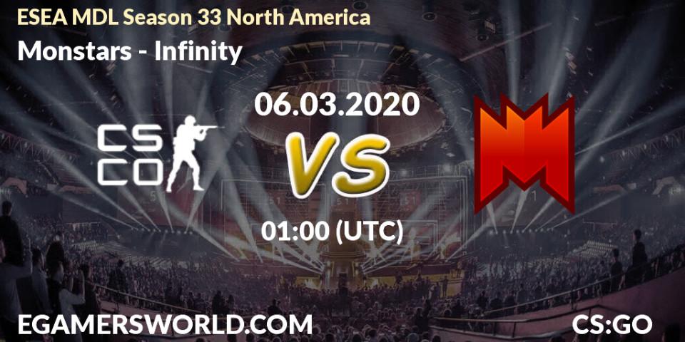 Monstars vs Infinity: Betting TIp, Match Prediction. 06.03.2020 at 01:05. Counter-Strike (CS2), ESEA MDL Season 33 North America