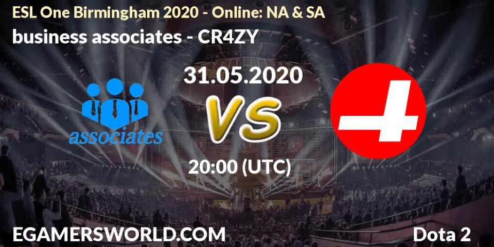 business associates vs CR4ZY: Betting TIp, Match Prediction. 31.05.2020 at 21:12. Dota 2, ESL One Birmingham 2020 - Online: NA & SA