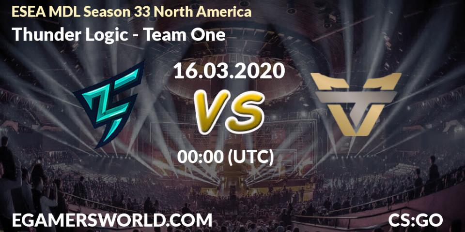 Thunder Logic vs Team One: Betting TIp, Match Prediction. 16.03.2020 at 00:10. Counter-Strike (CS2), ESEA MDL Season 33 North America