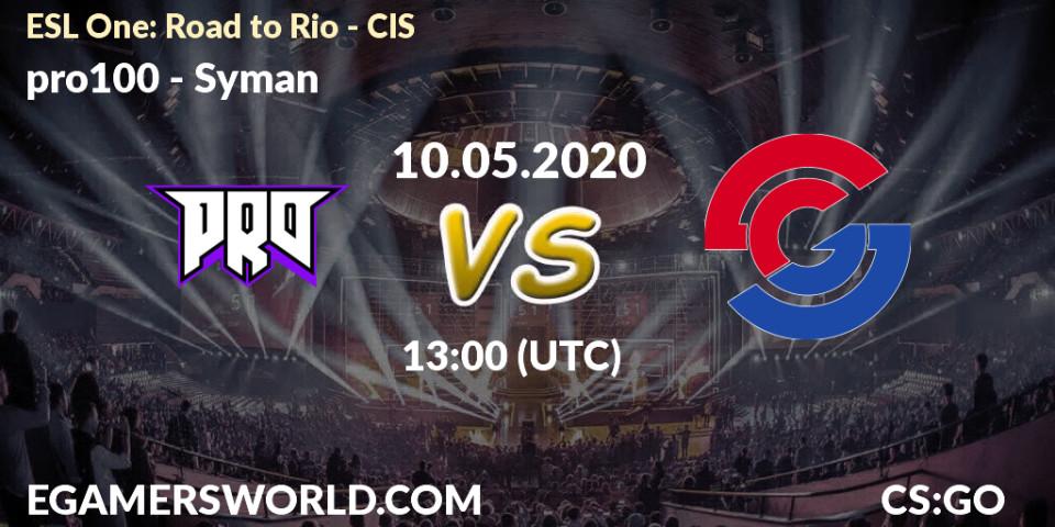 pro100 vs Syman: Betting TIp, Match Prediction. 10.05.20. CS2 (CS:GO), ESL One: Road to Rio - CIS