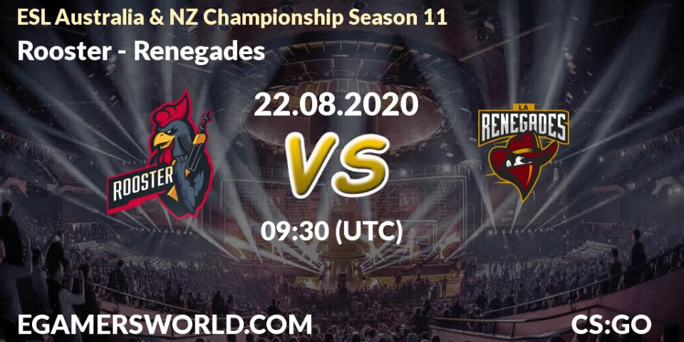 Rooster vs Renegades: Betting TIp, Match Prediction. 22.08.2020 at 08:55. Counter-Strike (CS2), ESL Australia & NZ Championship Season 11
