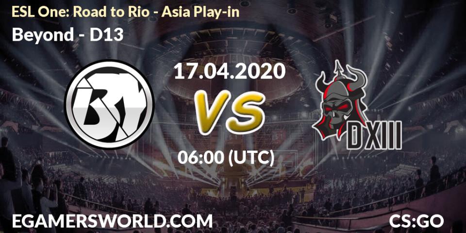 Beyond vs D13: Betting TIp, Match Prediction. 17.04.20. CS2 (CS:GO), ESL One: Road to Rio - Asia Play-in