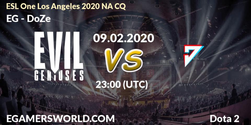 EG vs DoZe: Betting TIp, Match Prediction. 10.02.2020 at 00:00. Dota 2, ESL One Los Angeles 2020 NA CQ
