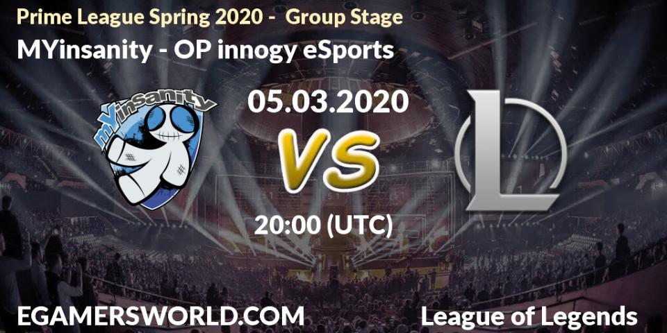 MYinsanity vs OP innogy eSports: Betting TIp, Match Prediction. 05.03.20. LoL, Prime League Spring 2020 - Group Stage