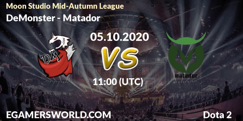 DeMonster vs Matador: Betting TIp, Match Prediction. 05.10.2020 at 11:44. Dota 2, Moon Studio Mid-Autumn League