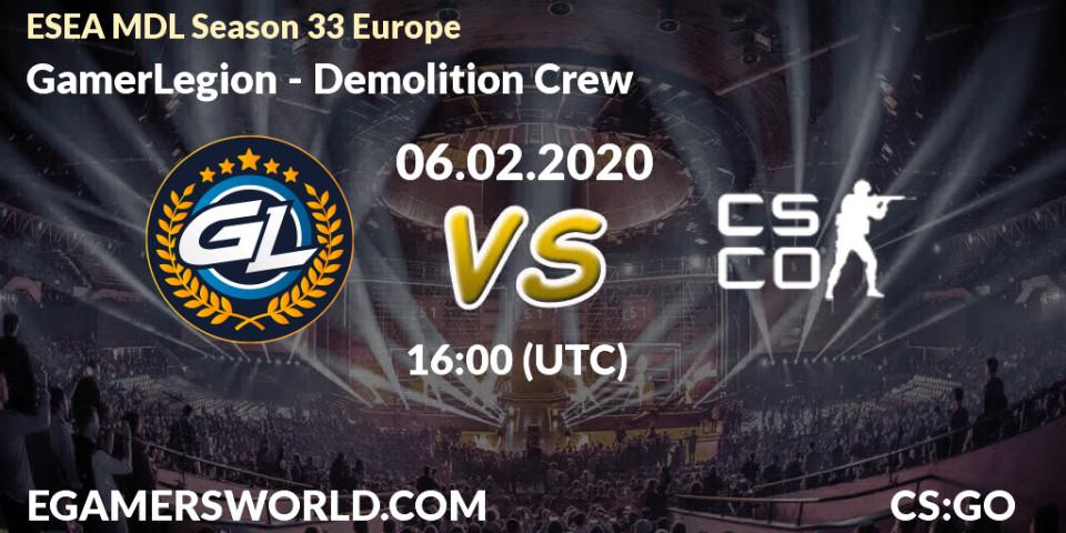 GamerLegion vs Demolition Crew: Betting TIp, Match Prediction. 06.02.2020 at 16:00. Counter-Strike (CS2), ESEA MDL Season 33 Europe