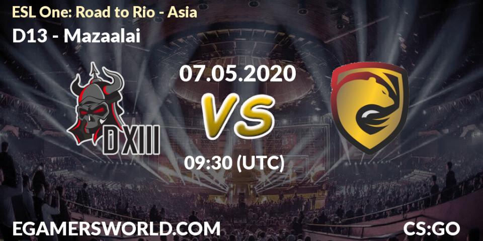 D13 vs Mazaalai: Betting TIp, Match Prediction. 07.05.2020 at 09:30. Counter-Strike (CS2), ESL One: Road to Rio - Asia