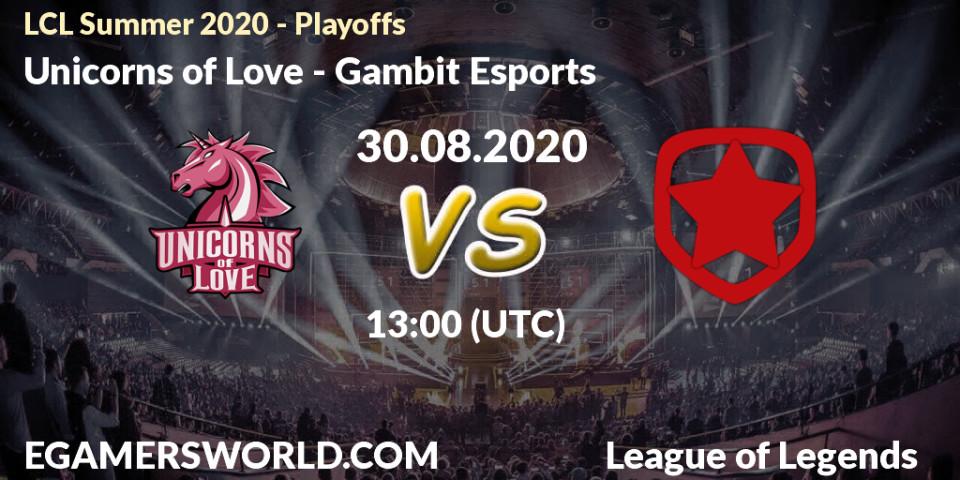 Unicorns of Love vs Gambit Esports: Betting TIp, Match Prediction. 30.08.2020 at 14:41. LoL, LCL Summer 2020 - Playoffs