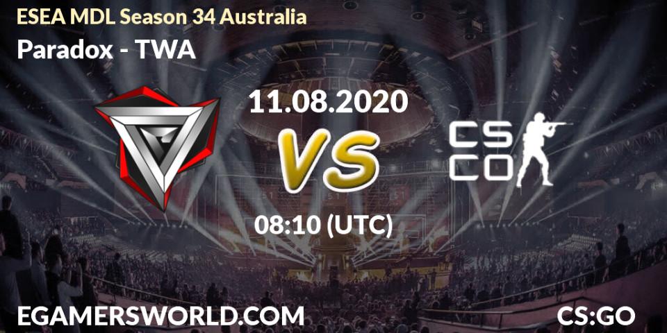 Paradox vs TWA: Betting TIp, Match Prediction. 14.08.2020 at 09:10. Counter-Strike (CS2), ESEA MDL Season 34 Australia