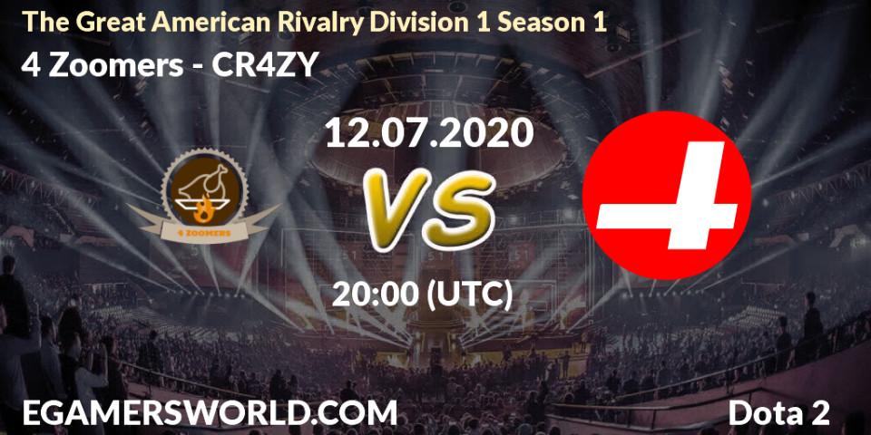 4 Zoomers vs CR4ZY: Betting TIp, Match Prediction. 12.07.2020 at 20:07. Dota 2, The Great American Rivalry Division 1 Season 1