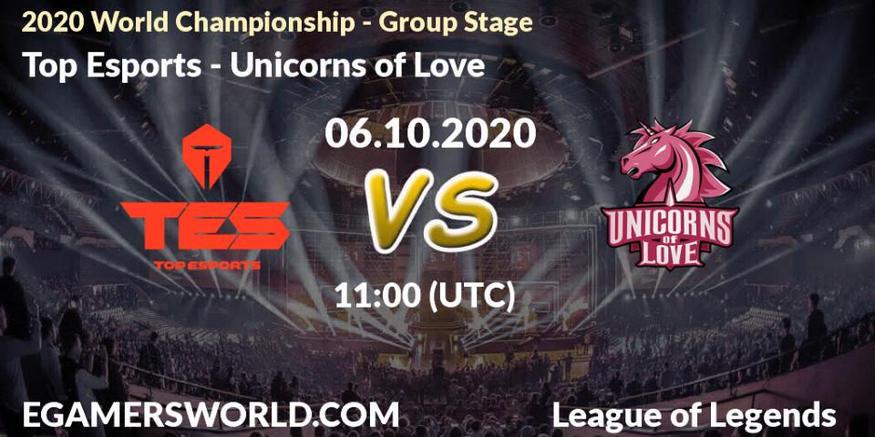 Top Esports vs Unicorns of Love: Betting TIp, Match Prediction. 06.10.2020 at 11:00. LoL, 2020 World Championship - Group Stage