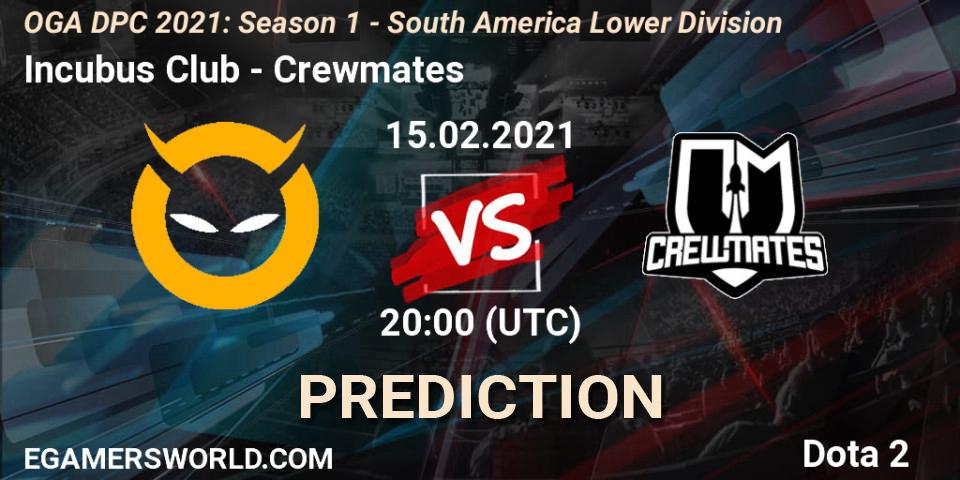 Incubus Club vs Crewmates: Betting TIp, Match Prediction. 15.02.2021 at 20:01. Dota 2, OGA DPC 2021: Season 1 - South America Lower Division