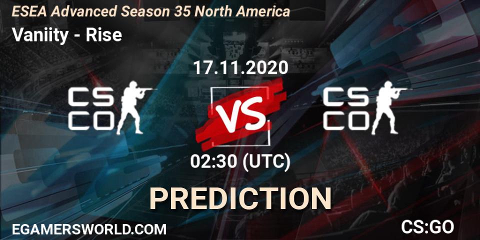 Vaniity vs Rise: Betting TIp, Match Prediction. 17.11.2020 at 02:30. Counter-Strike (CS2), ESEA Advanced Season 35 North America