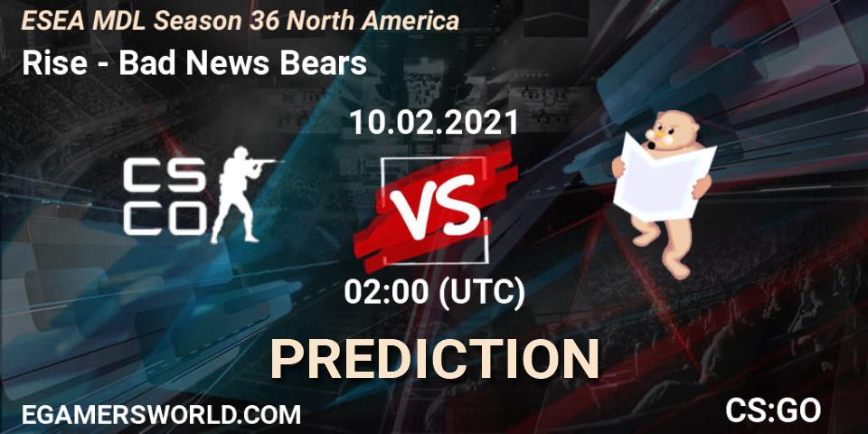 Rise vs Bad News Bears: Betting TIp, Match Prediction. 10.02.2021 at 02:00. Counter-Strike (CS2), MDL ESEA Season 36: North America - Premier Division