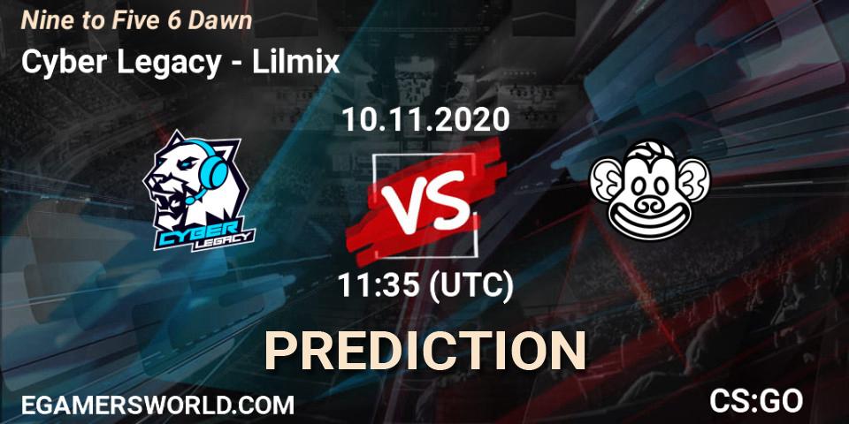 Cyber Legacy vs Lilmix: Betting TIp, Match Prediction. 10.11.2020 at 11:35. Counter-Strike (CS2), Nine to Five 6 Dawn