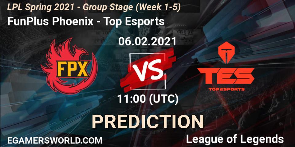 FunPlus Phoenix vs Top Esports: Betting TIp, Match Prediction. 06.02.2021 at 11:58. LoL, LPL Spring 2021 - Group Stage (Week 1-5)