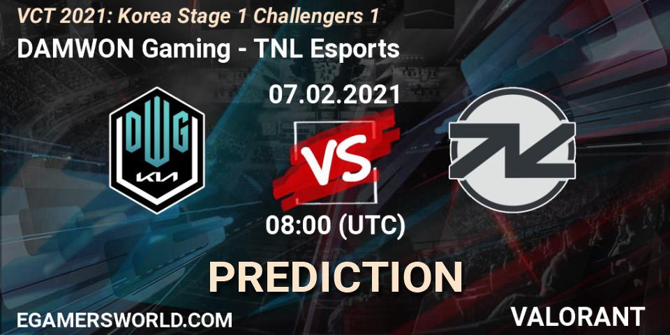 DAMWON Gaming vs TNL Esports: Betting TIp, Match Prediction. 07.02.2021 at 08:00. VALORANT, VCT 2021: Korea Stage 1 Challengers 1