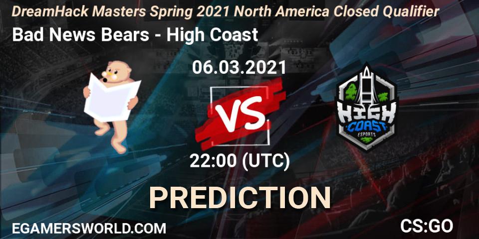 Bad News Bears vs High Coast: Betting TIp, Match Prediction. 06.03.2021 at 22:00. Counter-Strike (CS2), DreamHack Masters Spring 2021 North America Closed Qualifier