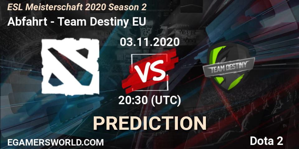 Abfahrt vs Team Destiny EU: Betting TIp, Match Prediction. 03.11.2020 at 20:35. Dota 2, ESL Meisterschaft 2020 Season 2