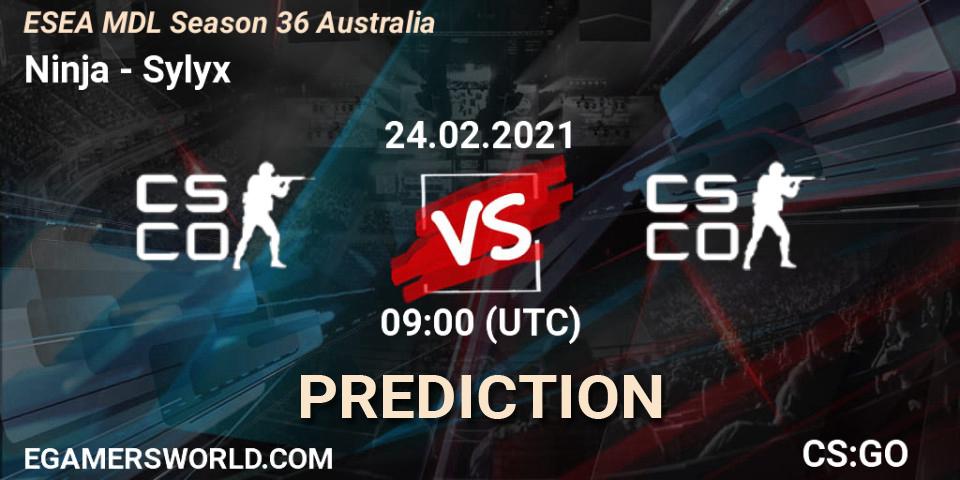 Ninja vs Sylyx: Betting TIp, Match Prediction. 24.02.2021 at 09:00. Counter-Strike (CS2), MDL ESEA Season 36: Australia - Premier Division