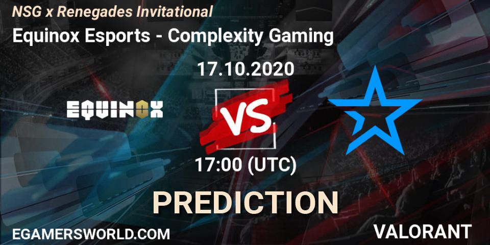 Equinox Esports vs Complexity Gaming: Betting TIp, Match Prediction. 17.10.2020 at 17:00. VALORANT, NSG x Renegades Invitational