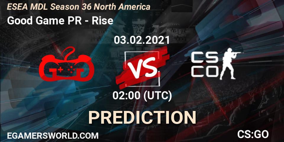 Good Game PR vs Rise: Betting TIp, Match Prediction. 03.02.2021 at 02:00. Counter-Strike (CS2), MDL ESEA Season 36: North America - Premier Division