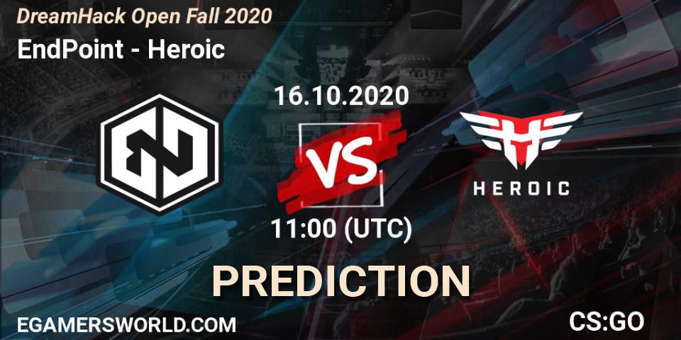 EndPoint vs Heroic: Betting TIp, Match Prediction. 16.10.2020 at 11:00. Counter-Strike (CS2), DreamHack Open Fall 2020