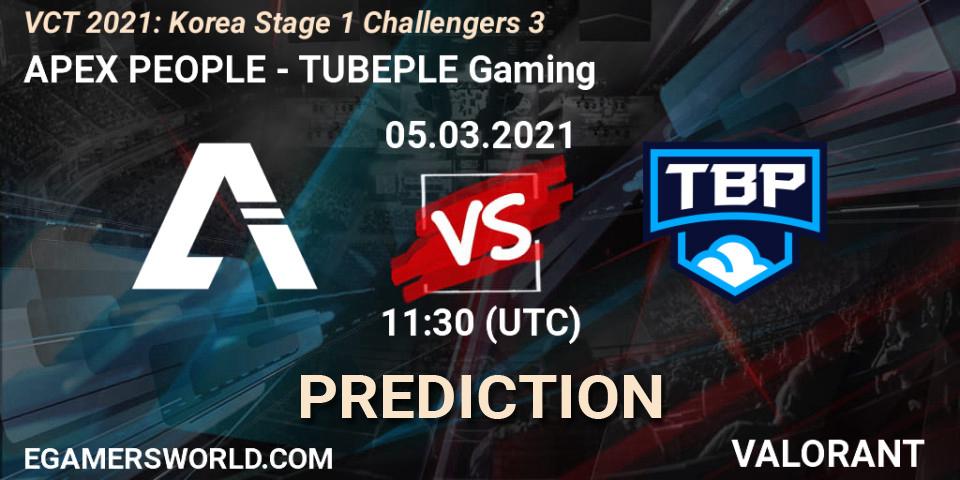 APEX PEOPLE vs TUBEPLE Gaming: Betting TIp, Match Prediction. 05.03.2021 at 11:30. VALORANT, VCT 2021: Korea Stage 1 Challengers 3
