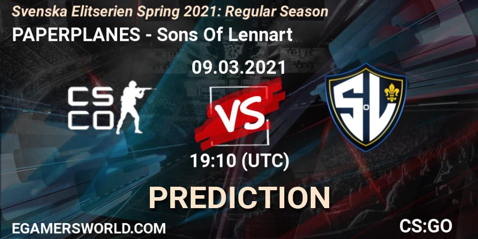 PAPERPLANES vs Sons Of Lennart: Betting TIp, Match Prediction. 09.03.2021 at 19:10. Counter-Strike (CS2), Svenska Elitserien Spring 2021: Regular Season