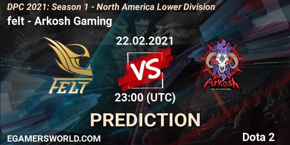 felt vs Arkosh Gaming: Betting TIp, Match Prediction. 22.02.2021 at 23:08. Dota 2, DPC 2021: Season 1 - North America Lower Division