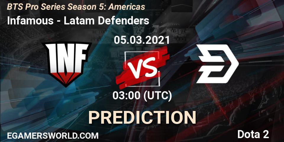 Infamous vs Latam Defenders: Betting TIp, Match Prediction. 05.03.2021 at 03:02. Dota 2, BTS Pro Series Season 5: Americas