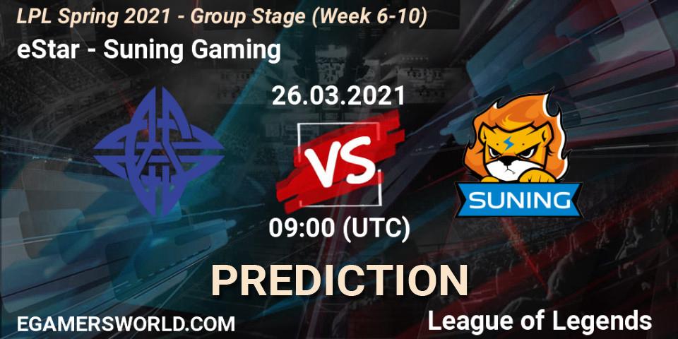 eStar vs Suning Gaming: Betting TIp, Match Prediction. 26.03.2021 at 09:00. LoL, LPL Spring 2021 - Group Stage (Week 6-10)