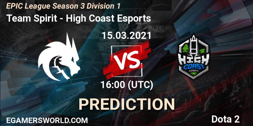 Team Spirit vs High Coast Esports: Betting TIp, Match Prediction. 15.03.2021 at 16:01. Dota 2, EPIC League Season 3 Division 1
