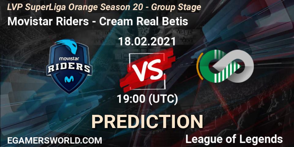 Movistar Riders vs Cream Real Betis: Betting TIp, Match Prediction. 18.02.2021 at 19:00. LoL, LVP SuperLiga Orange Season 20 - Group Stage