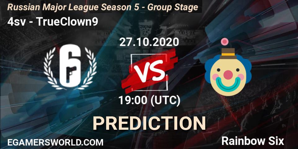 4sv vs TrueClown9: Betting TIp, Match Prediction. 27.10.2020 at 19:00. Rainbow Six, Russian Major League Season 5 - Group Stage