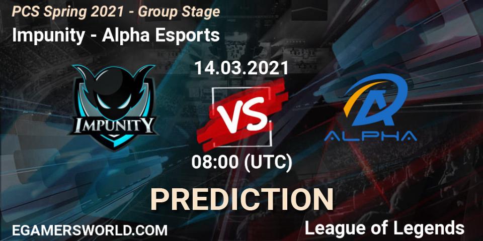 Impunity vs Alpha Esports: Betting TIp, Match Prediction. 14.03.2021 at 08:00. LoL, PCS Spring 2021 - Group Stage