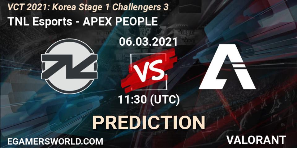 TNL Esports vs APEX PEOPLE: Betting TIp, Match Prediction. 06.03.2021 at 11:30. VALORANT, VCT 2021: Korea Stage 1 Challengers 3