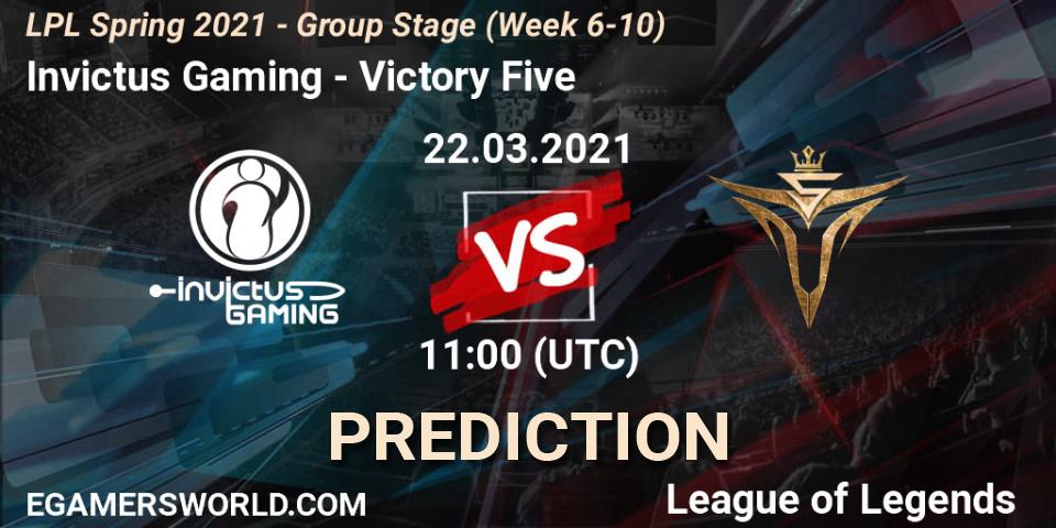 Invictus Gaming vs Victory Five: Betting TIp, Match Prediction. 22.03.2021 at 11:00. LoL, LPL Spring 2021 - Group Stage (Week 6-10)