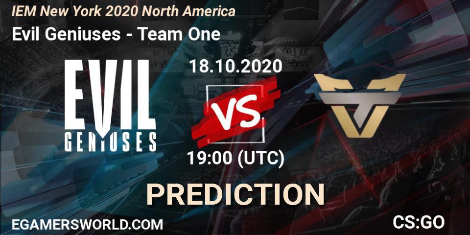 Evil Geniuses vs Team One: Betting TIp, Match Prediction. 18.10.2020 at 19:00. Counter-Strike (CS2), IEM New York 2020 North America