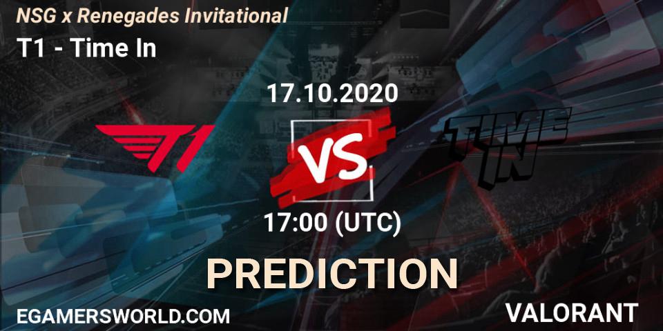 T1 vs Time In: Betting TIp, Match Prediction. 17.10.2020 at 17:00. VALORANT, NSG x Renegades Invitational