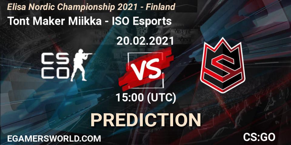 Tont Maker Miikka vs ISO Esports: Betting TIp, Match Prediction. 20.02.2021 at 15:00. Counter-Strike (CS2), Elisa Nordic Championship 2021 - Finland